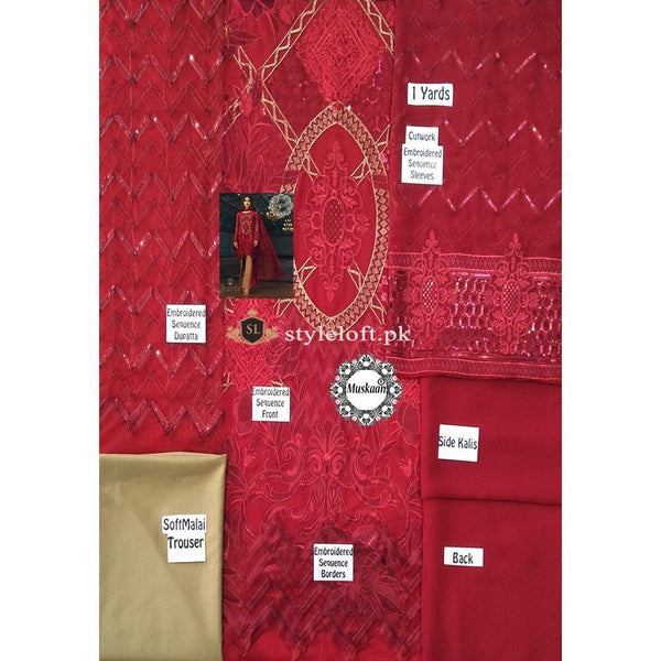 Jazmin Chiffon Collection 3Piece Unstitched Suit Red Beryl