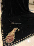 2 Side Big Kari Design Embroidered Velvet Shawl Black