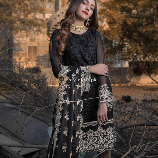 Aghna Noor Embroidered Lawn Unstitched 3 Piece Suit Modest Black