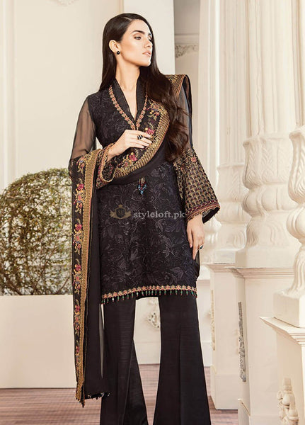 Baroque Embroidered Chiffon Unstitched 3 Piece Suit BQC-03 Black Lalique - Luxury Collection