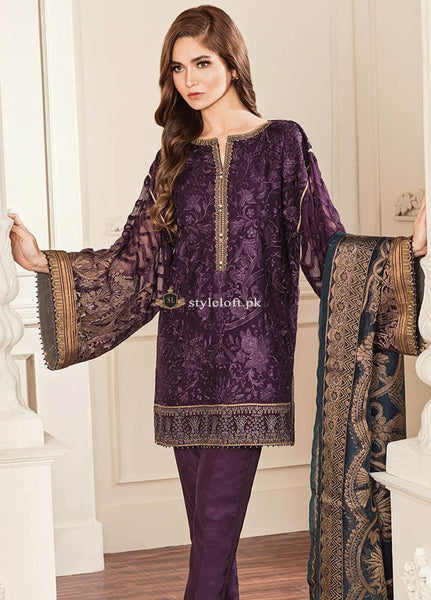 Baroque Embroidered Chiffon Unstitched 3 Piece Suit BQC-10 Amethyst - Luxury Collection