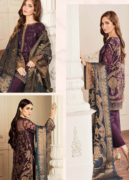 Baroque Embroidered Chiffon Unstitched 3 Piece Suit BQC-10 Amethyst - Luxury Collection