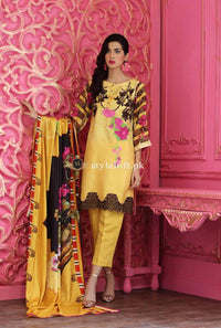 Charizma Naranji Linen, Wool Shawl 3Piece Dress CN-29 Yellow