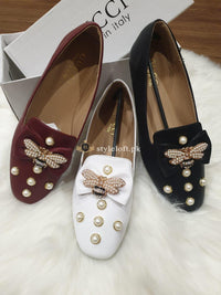 STYLE LOFT.PK GUCCI  Women Patent Leather Low Heel Pumps Multi-Colored White