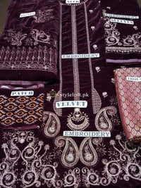 Gul Ahmed Velvet Embroidered 3Piece Winter Dress-Maroon