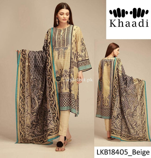 Khaadi Linen Three Piece with Shawl KH-1840-Beige