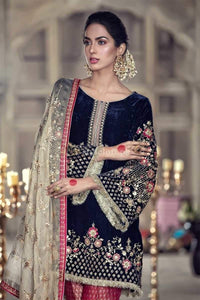 Maria.B Couture Chiffon Collection 2019 Unstitched 3 Piece Suit-Navy Blue MC-006