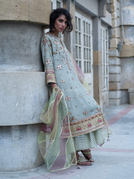 Misha Lakhani Embroidered Chiffon Collection 2019 Unstitched 3 Piece Suit - Sea Sparkle