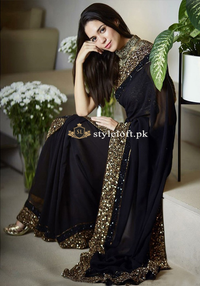 Myntra Indian Designer Embroidered Chiffon Saree-Black