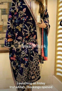Pakistani Wedding Bridal Winter Embroidered Velvet Shawl Blue