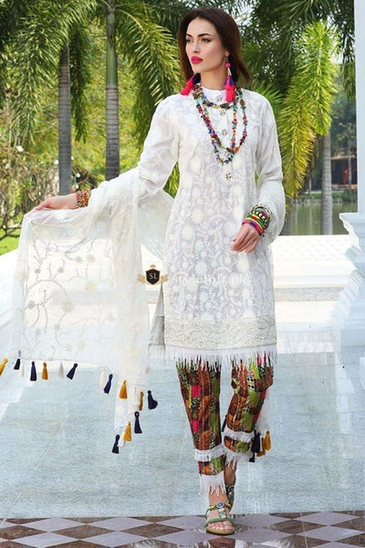 Pearl White Embroidered Chiffon Collection 2019 Unstitched 3 Piece Suit - Pret Wear