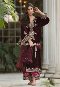 Sana Abbas Velvet 3Piece Maroon Dress