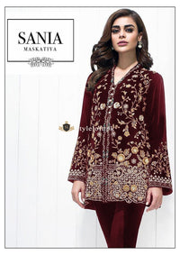 SANIA MASKATIYA Velvet 2Piece Jamawar Trouser Maroon