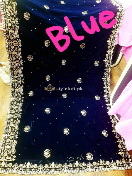 Wedding Edition Winter Embroidered Velvet Shawl Blue-Black