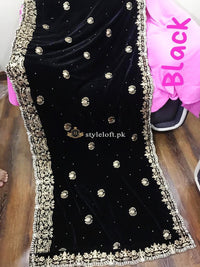 Wedding Edition Winter Embroidered Velvet Shawl Blue-Black