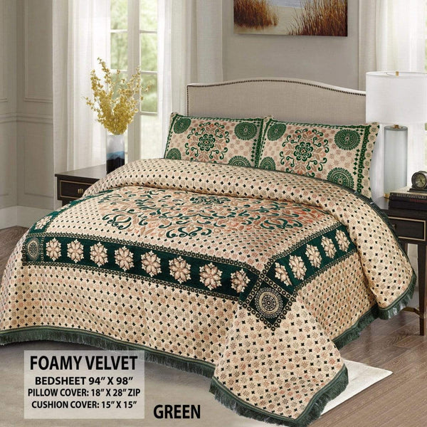 Styleloft.pk Border Style 5 Pieces Velvet Jacaurd BedSheet Set bed sheets Green