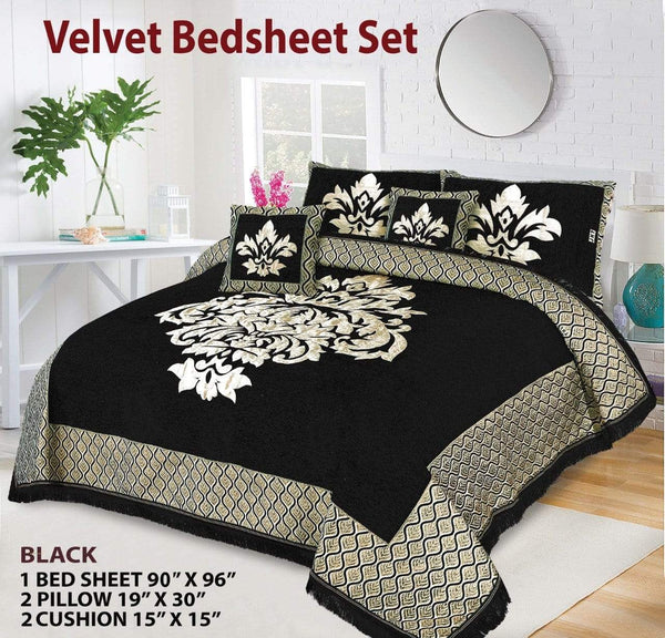 Styleloft.pk Crown Style 5 Pieces Velvet Jacaurd BedSheet Set bed sheets Black