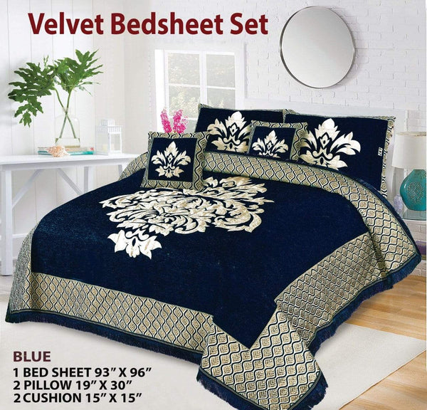 Styleloft.pk Crown Style 5 Pieces Velvet Jacaurd BedSheet Set bed sheets Blue