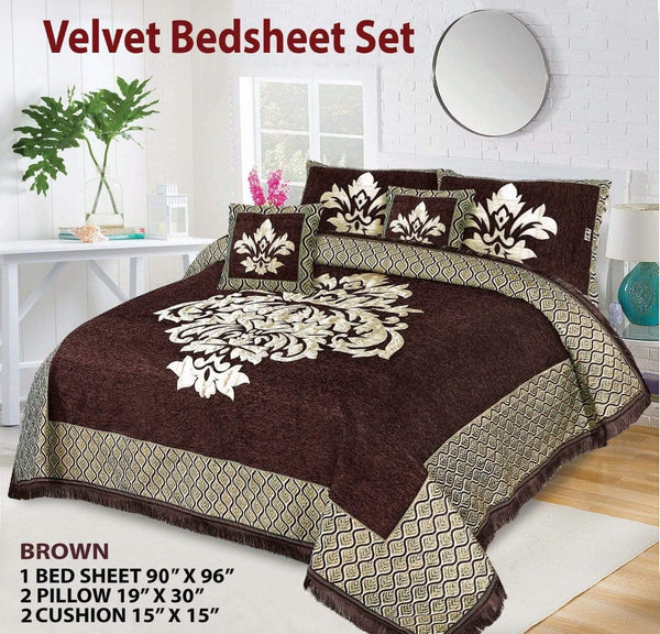 Styleloft.pk Crown Style 5 Pieces Velvet Jacaurd BedSheet Set bed sheets Brown