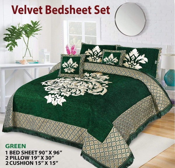 Styleloft.pk Crown Style 5 Pieces Velvet Jacaurd BedSheet Set bed sheets Green