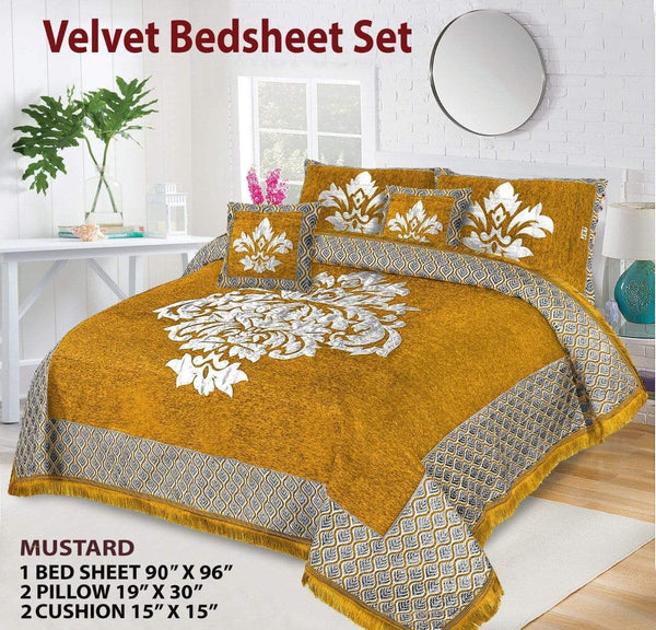 Styleloft.pk Crown Style 5 Pieces Velvet Jacaurd BedSheet Set bed sheets Mustard