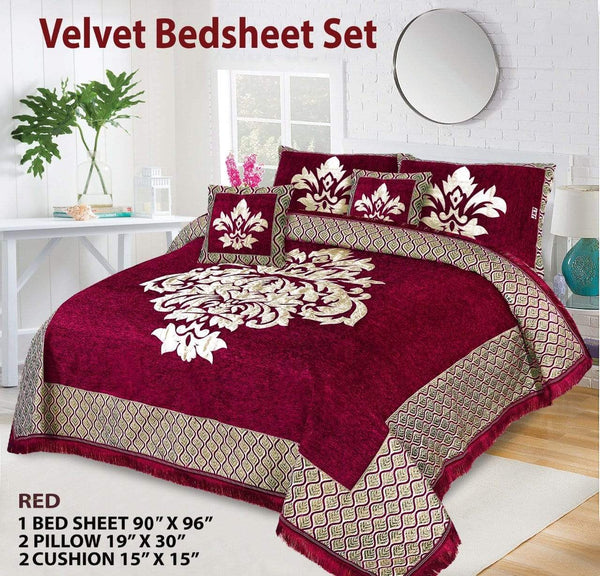 Styleloft.pk Crown Style 5 Pieces Velvet Jacaurd BedSheet Set bed sheets Red