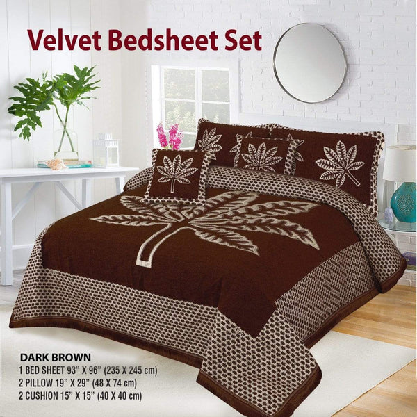 Styleloft.pk Leaf Style 5 Pieces Velvet Jacaurd BedSheet Set bed sheets Dark Brown