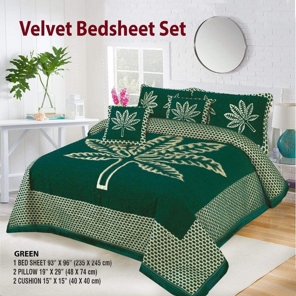 Styleloft.pk Leaf Style 5 Pieces Velvet Jacaurd BedSheet Set bed sheets Green