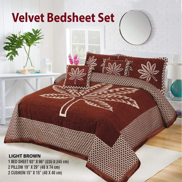 Styleloft.pk Leaf Style 5 Pieces Velvet Jacaurd BedSheet Set bed sheets Light Brown