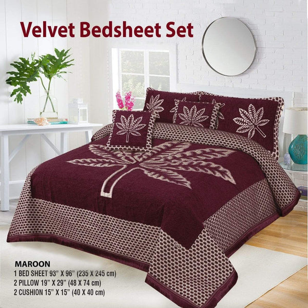 Styleloft.pk Leaf Style 5 Pieces Velvet Jacaurd BedSheet Set bed sheets Maroon