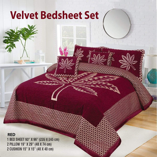 Styleloft.pk Leaf Style 5 Pieces Velvet Jacaurd BedSheet Set bed sheets Red