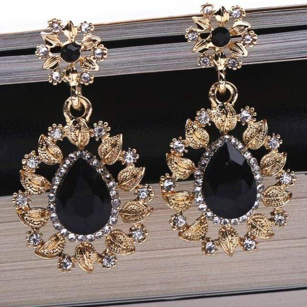 Styleloft.pk Long Black Crystal Water Drop Earrings CZ Vintage Geometric Gold Drop Rhinestone Dangle Earrings for Women Brincos Party Jewelry ES2120  Black