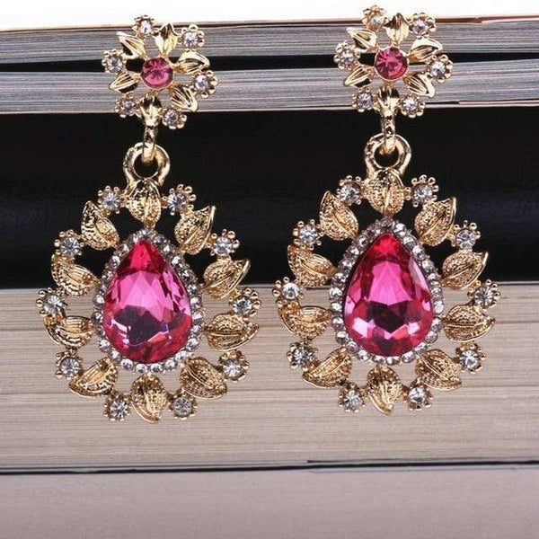 Styleloft.pk Long Black Crystal Water Drop Earrings CZ Vintage Geometric Gold Drop Rhinestone Dangle Earrings for Women Brincos Party Jewelry ES2120  Pink