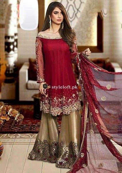 Styleloft.pk Nomi Hussain Chiffon Embroidered 3Pc Suit with Silk Trouser- Party Dress 3 PIECE